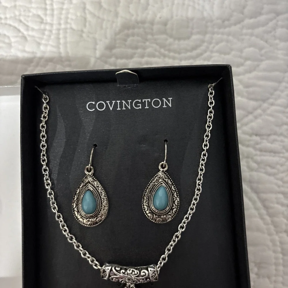 New ! Covington,‎ Silver And Turquoise Necklace And Earrings Set